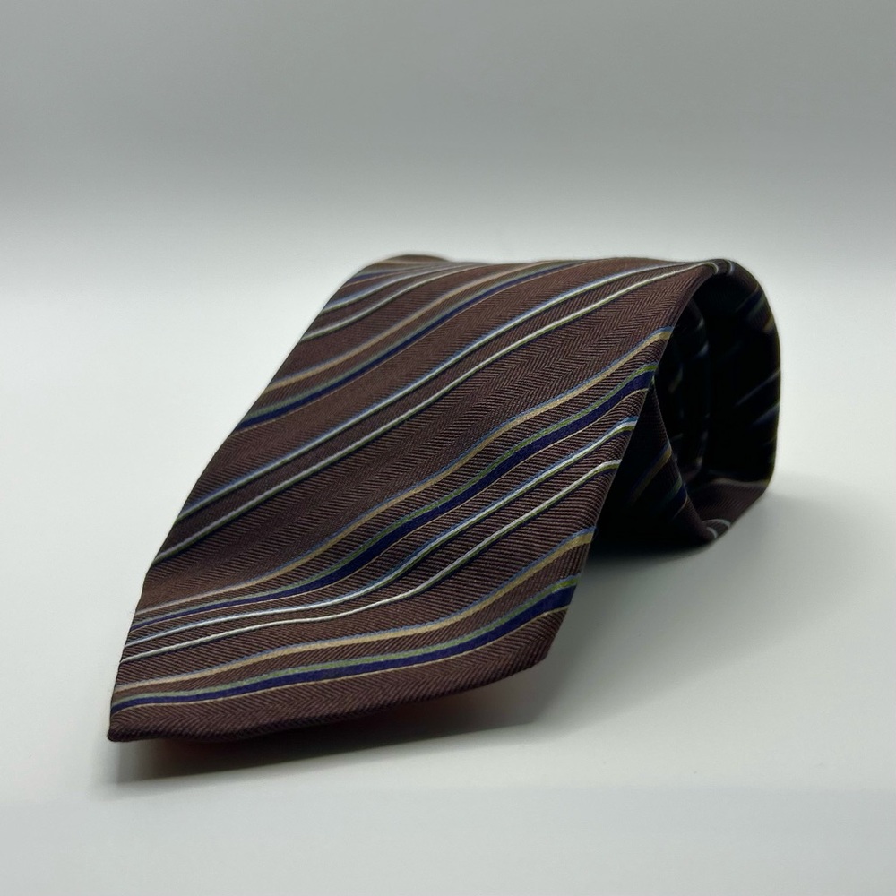 Etro Milano 100% Silk Tie Brown Blue Striped Herringbone Made in Italy